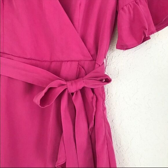 LINE + DOT Cherie Mini Wrap Dress Ruffle V-Neck Short Sleeve Fuchsia Pink Medium - Picture 6 of 15